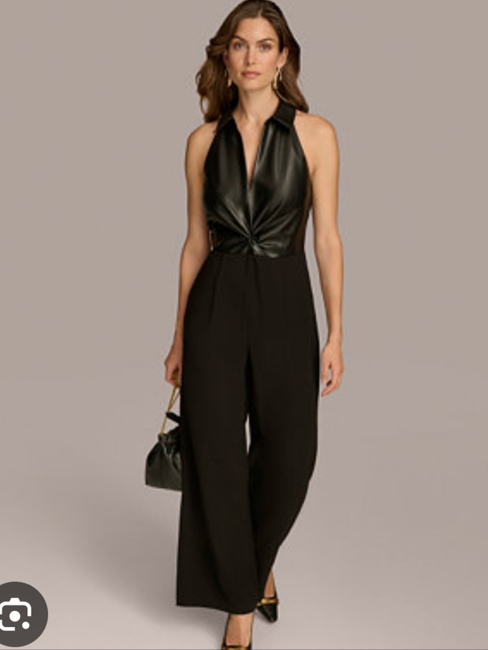 Donna Karan Black Halter Faux-Leather Top Wide-Leg Jumpsuit